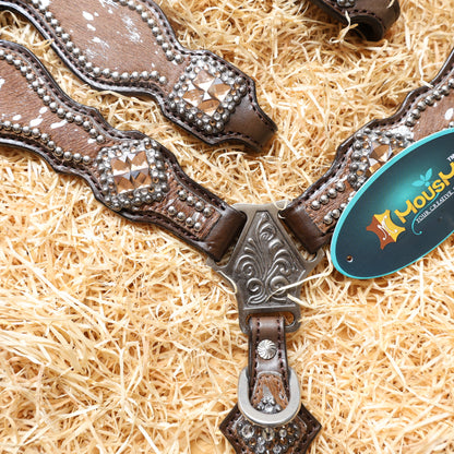 MOUSM Western Headstall and Breast Collar Tack Set for Horse – Argentina Cow Leather Western Bridles and Headstalls Decorated with Dark Tan-Silver Metallic Acid Wash Cowhide Finish