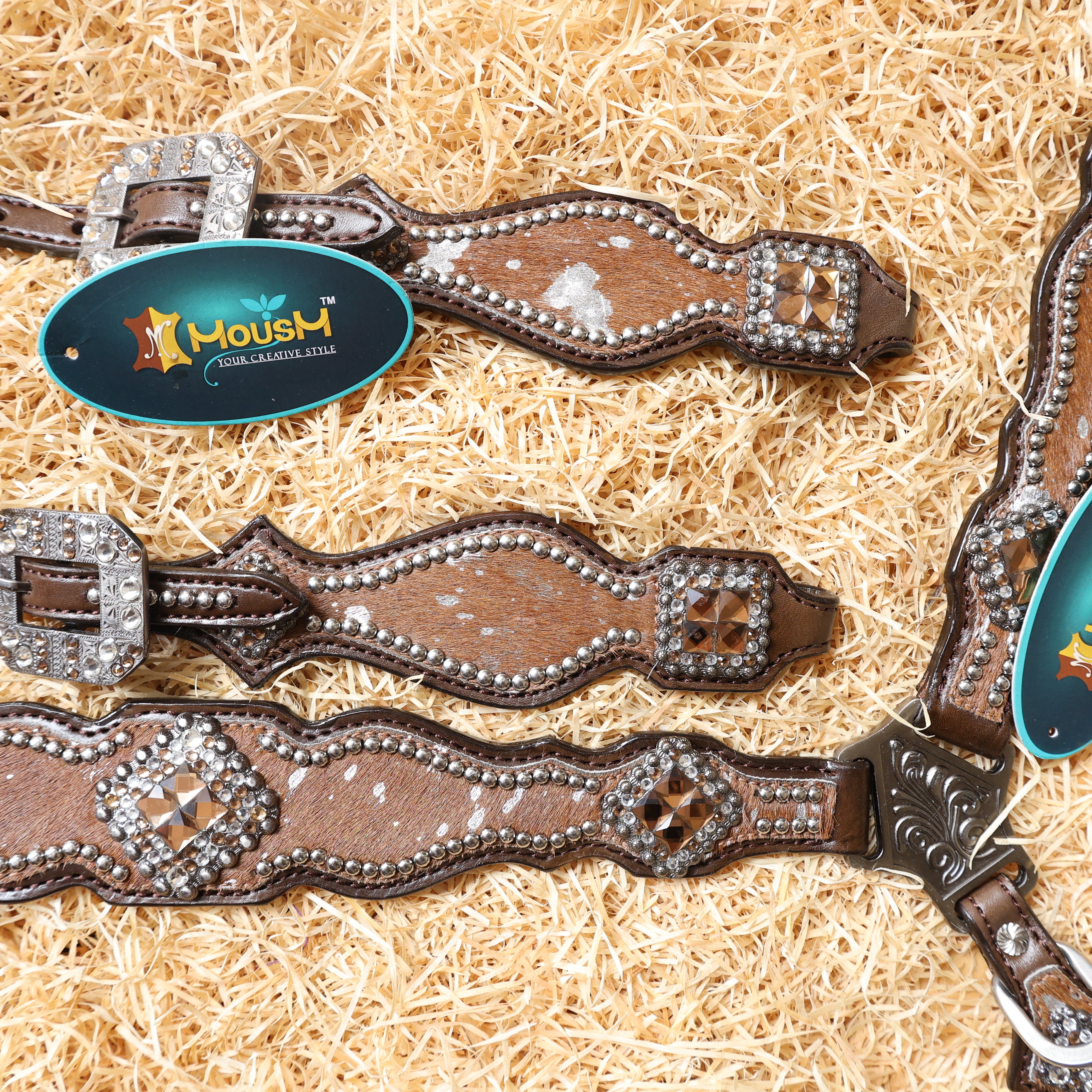 MOUSM Western Headstall and Breast Collar Tack Set for Horse – Argentina Cow Leather Western Bridles and Headstalls Decorated with Dark Tan-Silver Metallic Acid Wash Cowhide Finish