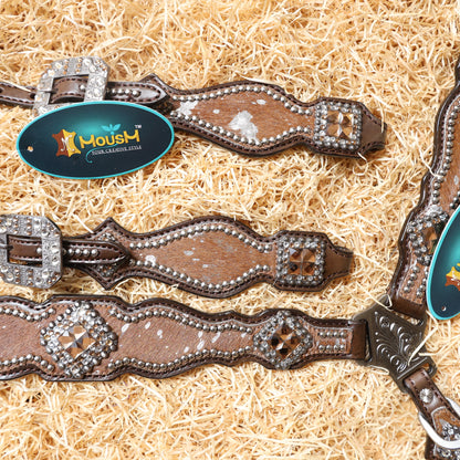 MOUSM Western Headstall and Breast Collar Tack Set for Horse – Argentina Cow Leather Western Bridles and Headstalls Decorated with Dark Tan-Silver Metallic Acid Wash Cowhide Finish