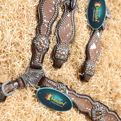 MOUSM Western Headstall and Breast Collar Tack Set for Horse – Argentina Cow Leather Western Bridles and Headstalls Decorated with Dark Tan-Silver Metallic Acid Wash Cowhide Finish