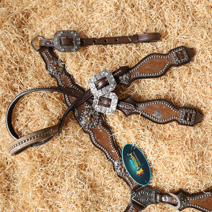 MOUSM Western Headstall and Breast Collar Tack Set for Horse – Argentina Cow Leather Western Bridles and Headstalls Decorated with Dark Tan-Silver Metallic Acid Wash Cowhide Finish