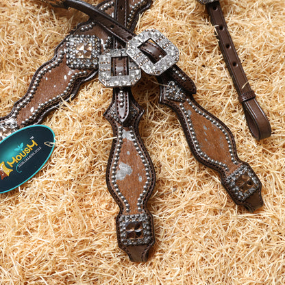 MOUSM Western Headstall and Breast Collar Tack Set for Horse – Argentina Cow Leather Western Bridles and Headstalls Decorated with Dark Tan-Silver Metallic Acid Wash Cowhide Finish