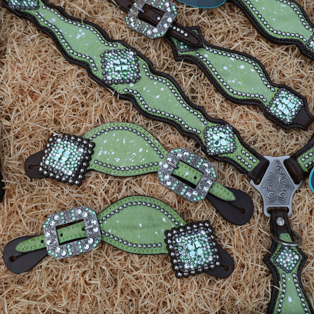 MOUSM Argentina Cow Leather Western Horse Tack Collection – Western Headstall &amp; Breast Collar Set Decorated with Lime-Green Metallic Acid Wash Cowhide Finish