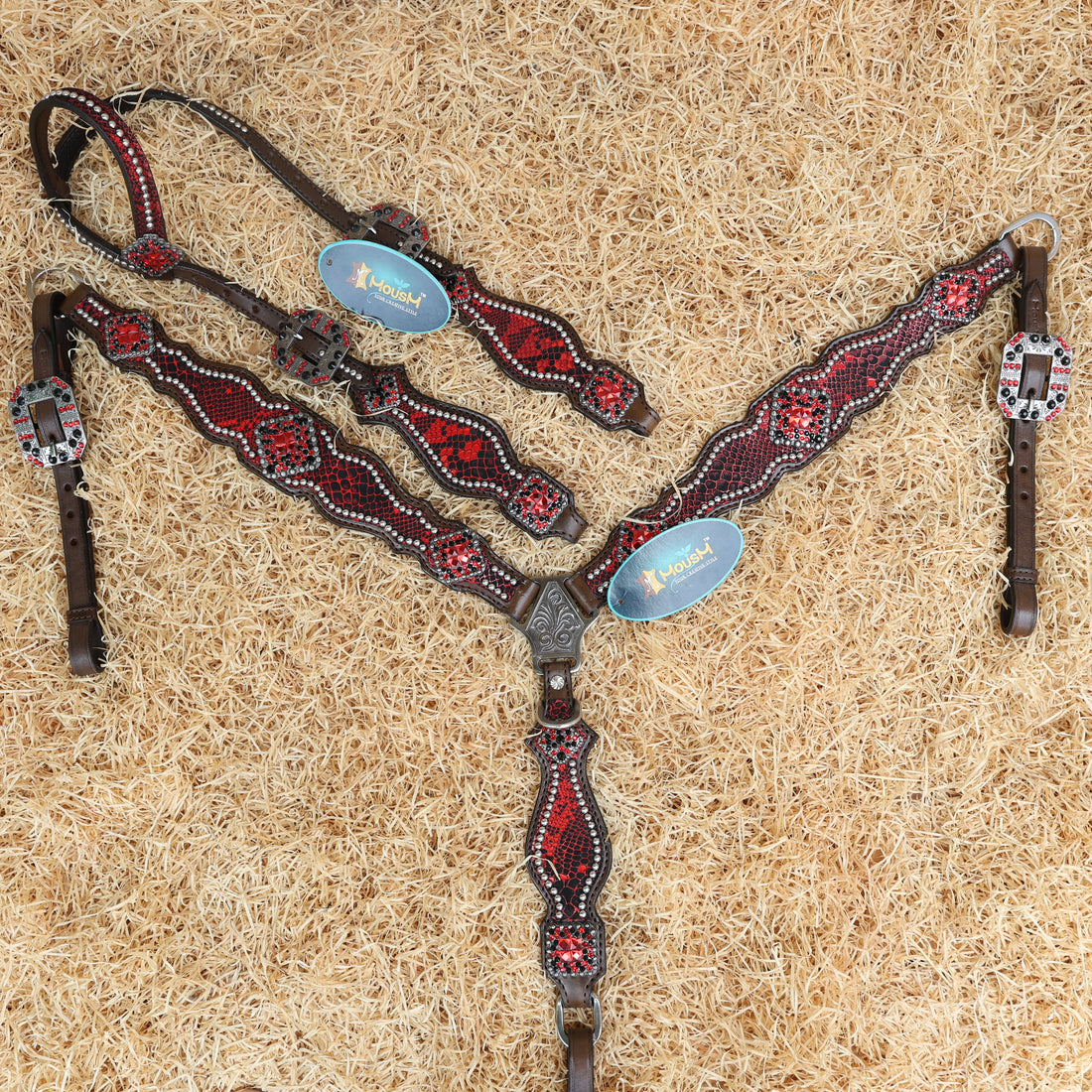MOUSM Valentine’s Special Breast Collar and Headstall Set – Western Headstall Tack Argentina Cow Leather with Red &amp; Black Rhinestone Detailing on Metallic Red Snake Texture
