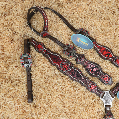 MOUSM Valentine’s Special Breast Collar and Headstall Set – Western Headstall Tack Argentina Cow Leather with Red &amp; Black Rhinestone Detailing on Metallic Red Snake Texture