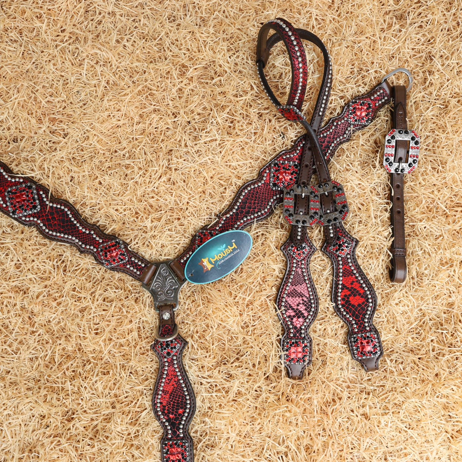 MOUSM Valentine’s Special Breast Collar and Headstall Set – Western Headstall Tack Argentina Cow Leather with Red &amp; Black Rhinestone Detailing on Metallic Red Snake Texture