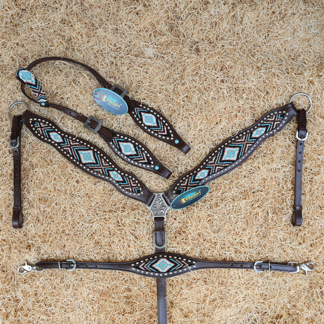MOUSM Western Headstall &amp; Breast Collar Set – Genuine Argentina Cow Leather with Geometric Turquoise &amp; Brown Hand-Beaded Inlay