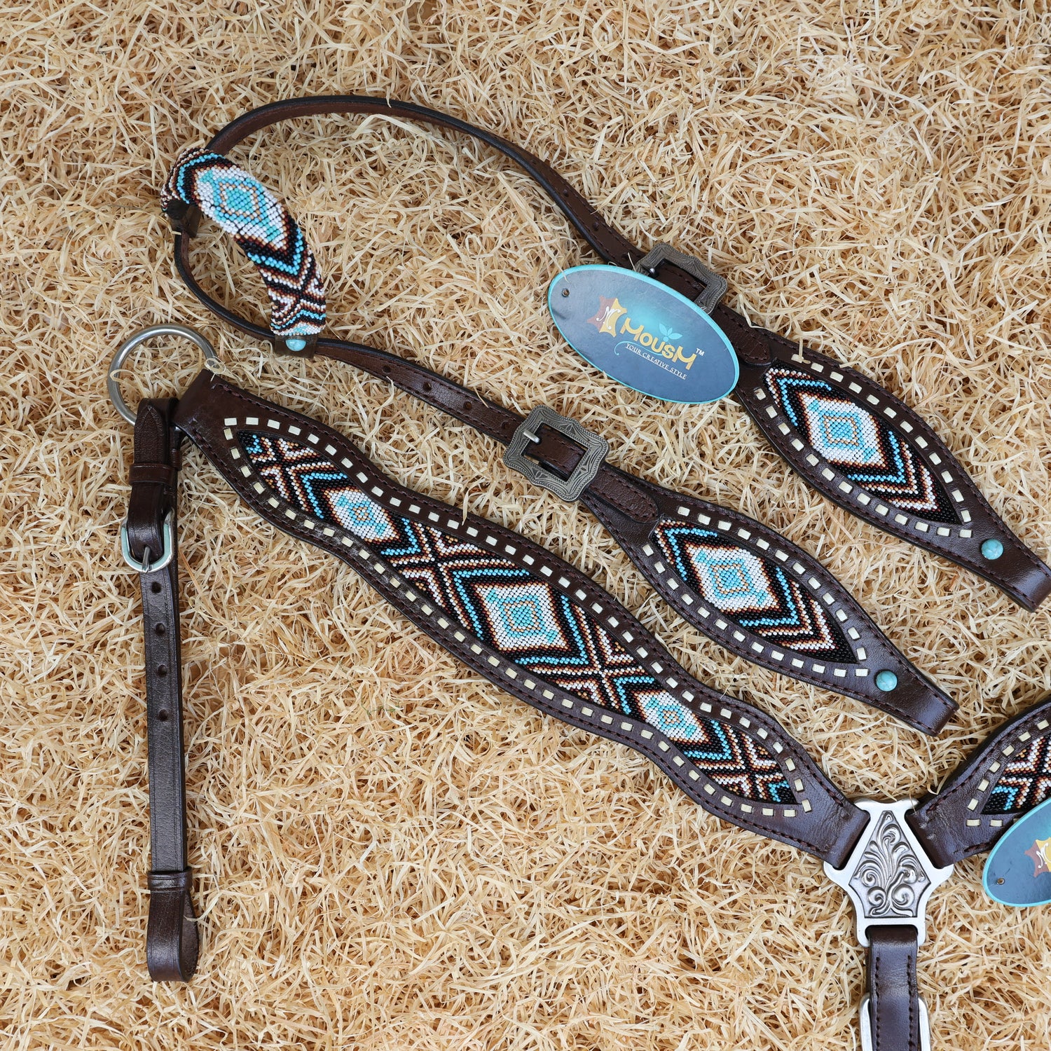 MOUSM Western Headstall &amp; Breast Collar Set – Genuine Argentina Cow Leather with Geometric Turquoise &amp; Brown Hand-Beaded Inlay