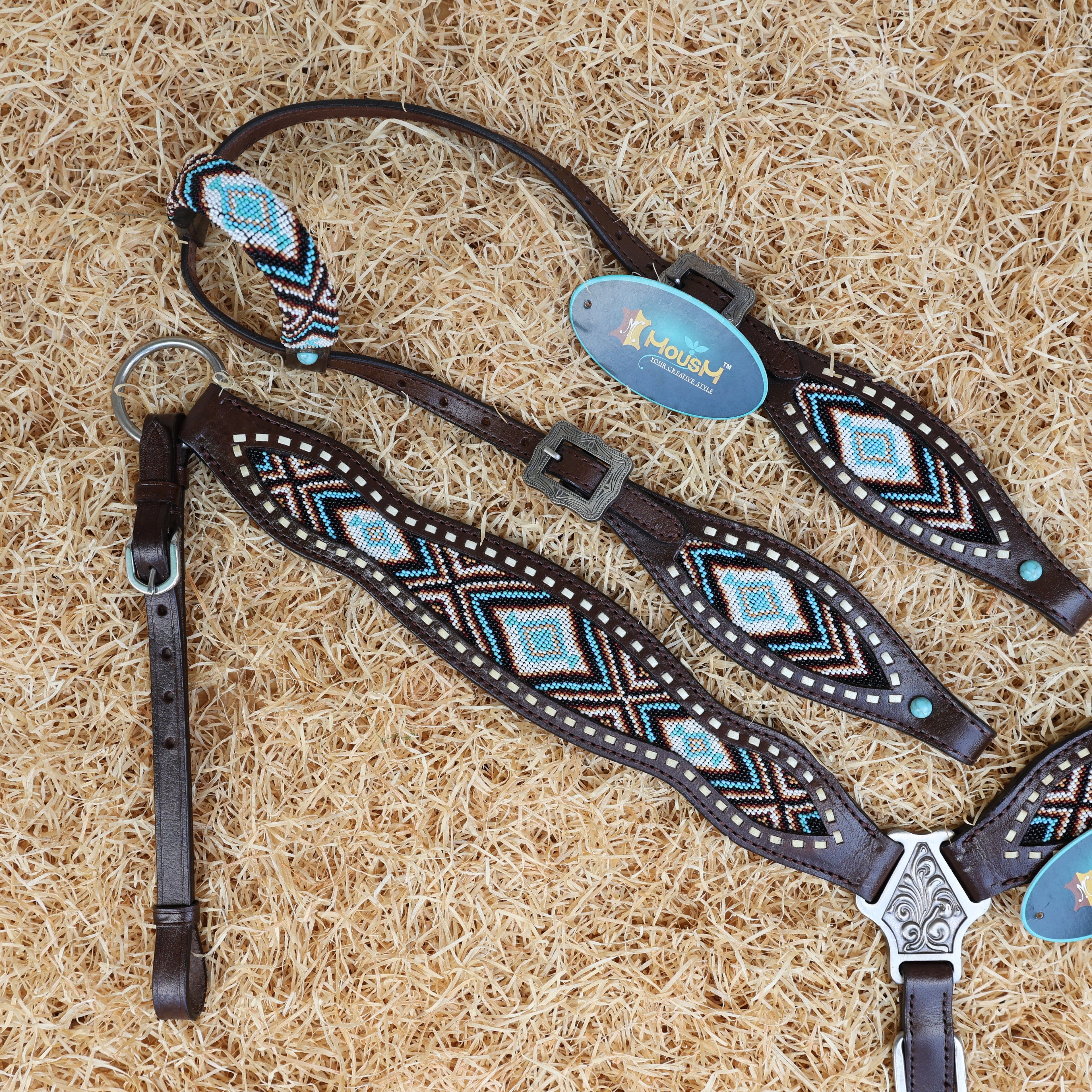 MOUSM Western Headstall &amp; Breast Collar Set – Genuine Argentina Cow Leather with Geometric Turquoise &amp; Brown Hand-Beaded Inlay