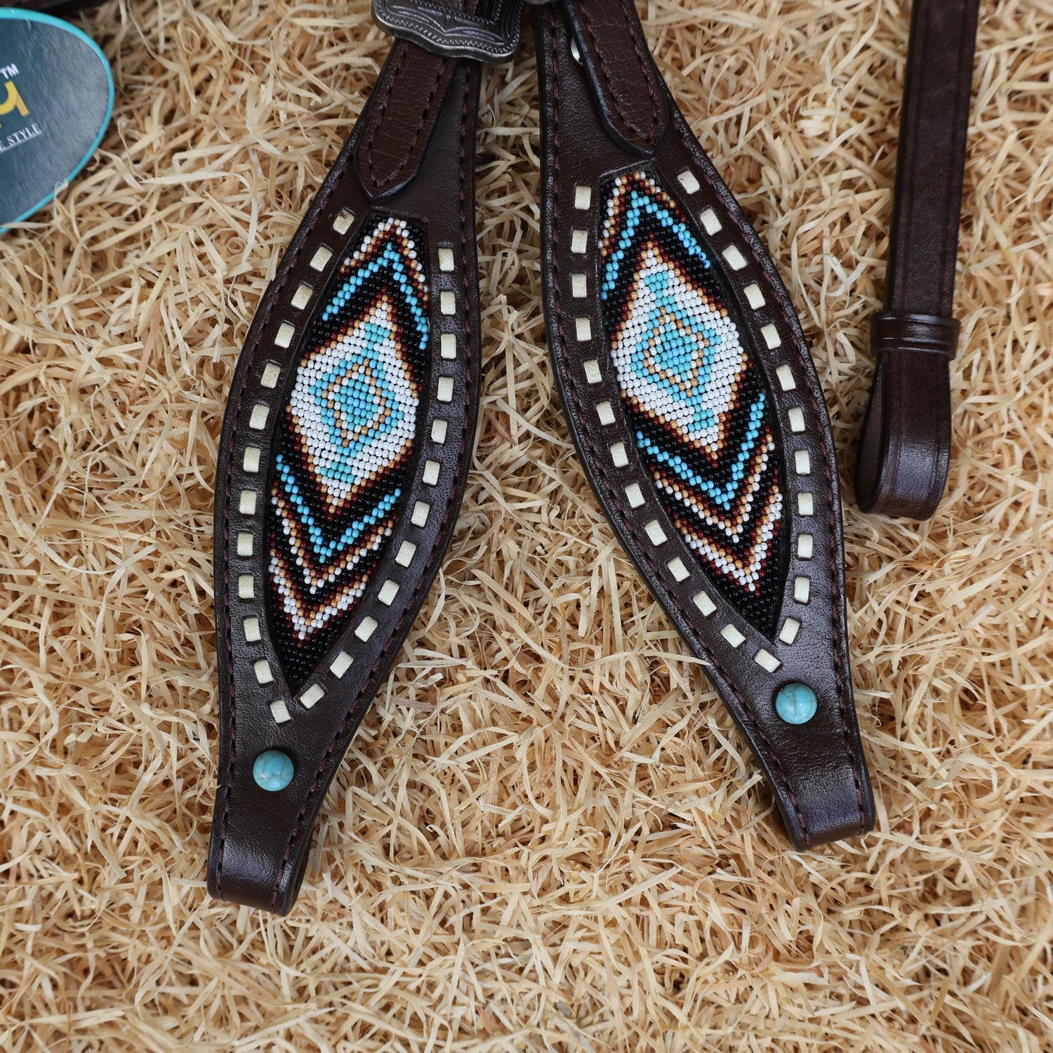 MOUSM Western Headstall &amp; Breast Collar Set – Genuine Argentina Cow Leather with Geometric Turquoise &amp; Brown Hand-Beaded Inlay