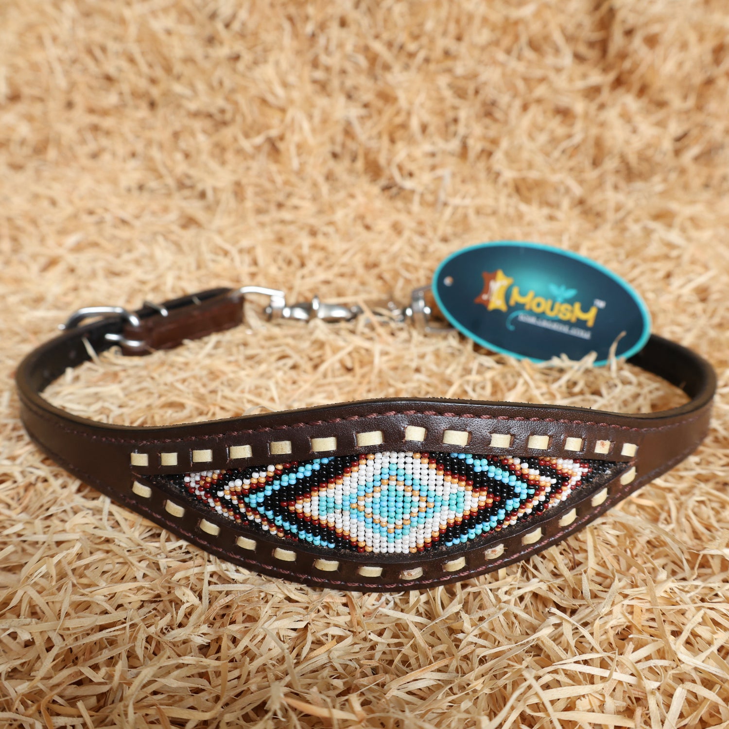 MOUSM Western Headstall &amp; Breast Collar Set – Genuine Argentina Cow Leather with Geometric Turquoise &amp; Brown Hand-Beaded Inlay