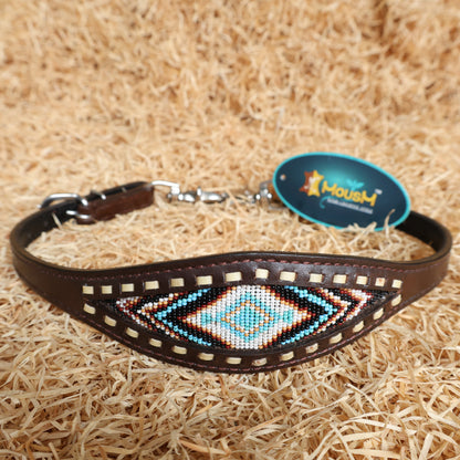 MOUSM Western Headstall &amp; Breast Collar Set – Genuine Argentina Cow Leather with Geometric Turquoise &amp; Brown Hand-Beaded Inlay