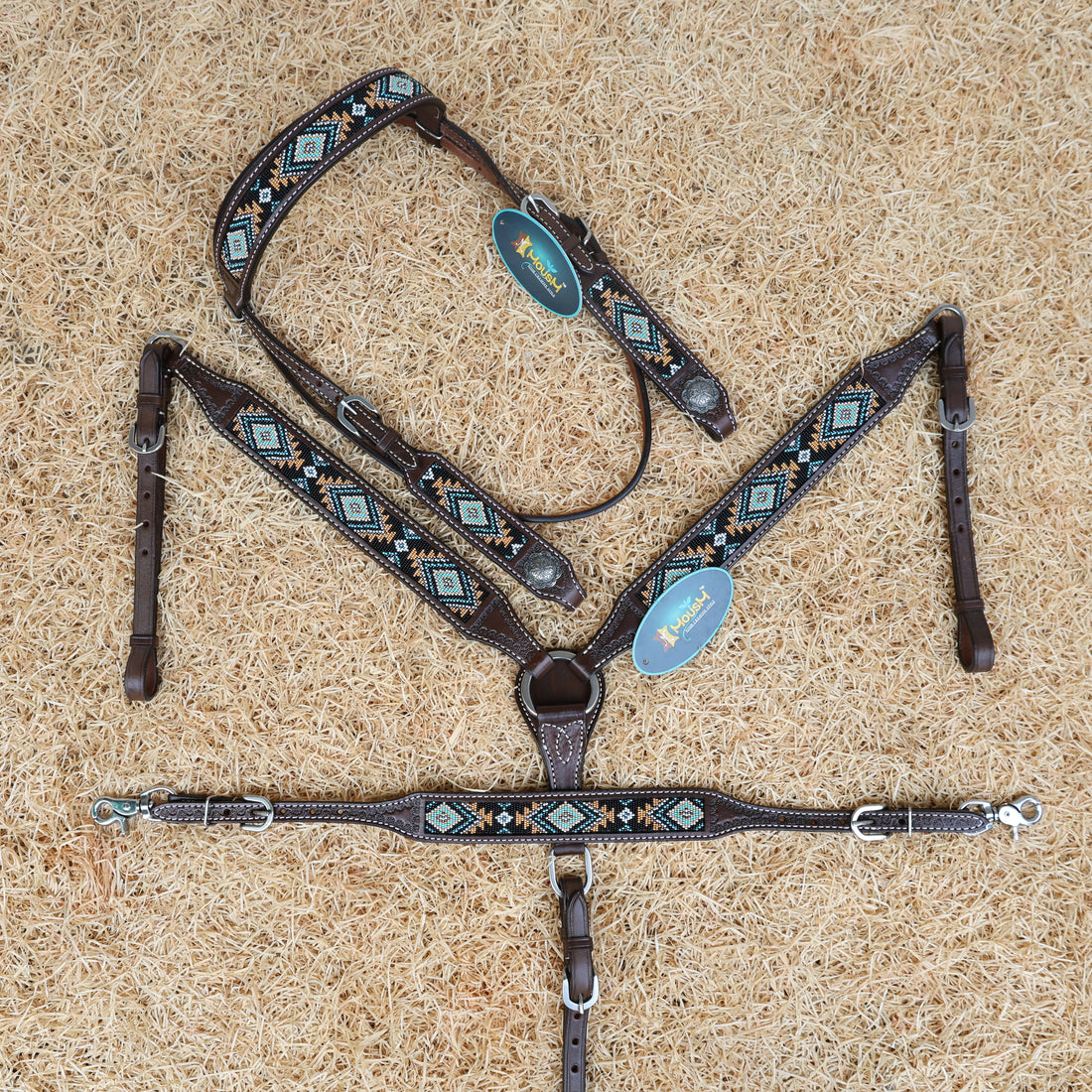 MOUSM Western Browband Headstall &amp; Breast Collar Set – Argentina Cow Leather with Hand-Beaded Inlay &amp; Antique Silver Conchos