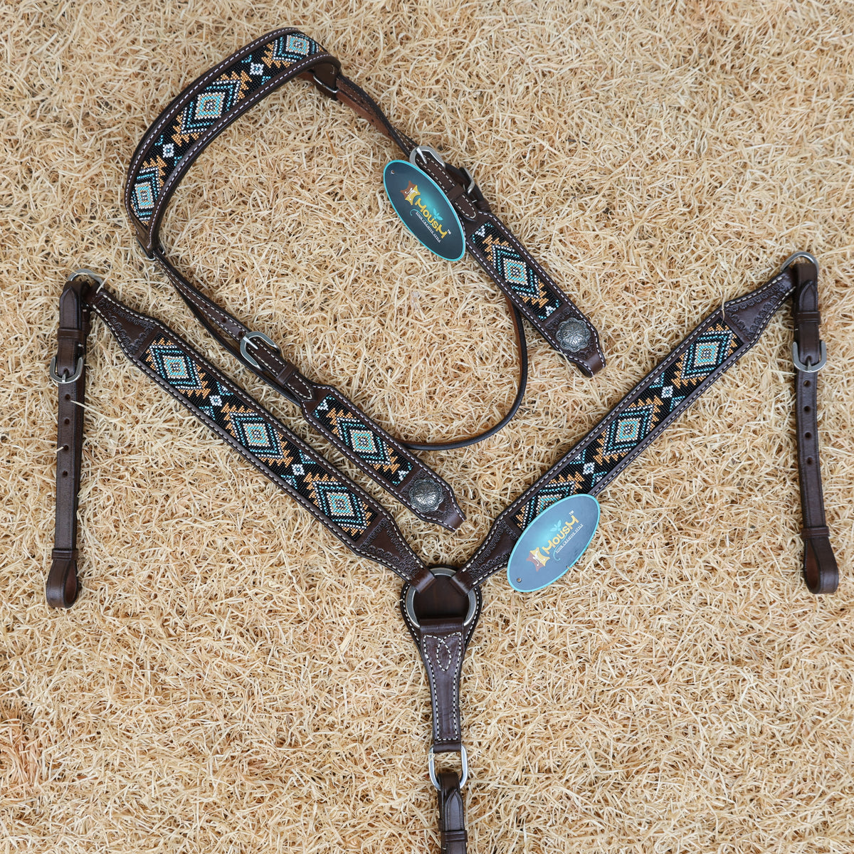 Hand Beaded Inlay Browband Headstall and Breast Collar Set