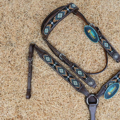 MOUSM Western Browband Headstall &amp; Breast Collar Set – Argentina Cow Leather with Hand-Beaded Inlay &amp; Antique Silver Conchos