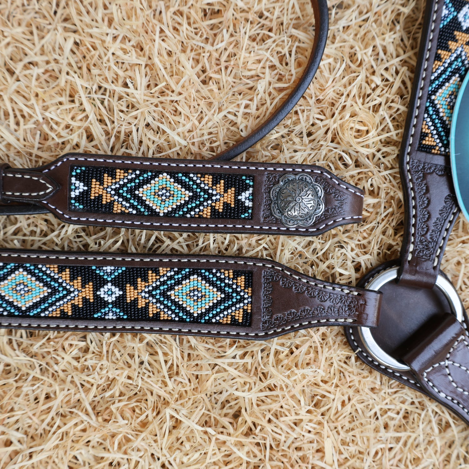 MOUSM Western Browband Headstall &amp; Breast Collar Set – Argentina Cow Leather with Hand-Beaded Inlay &amp; Antique Silver Conchos