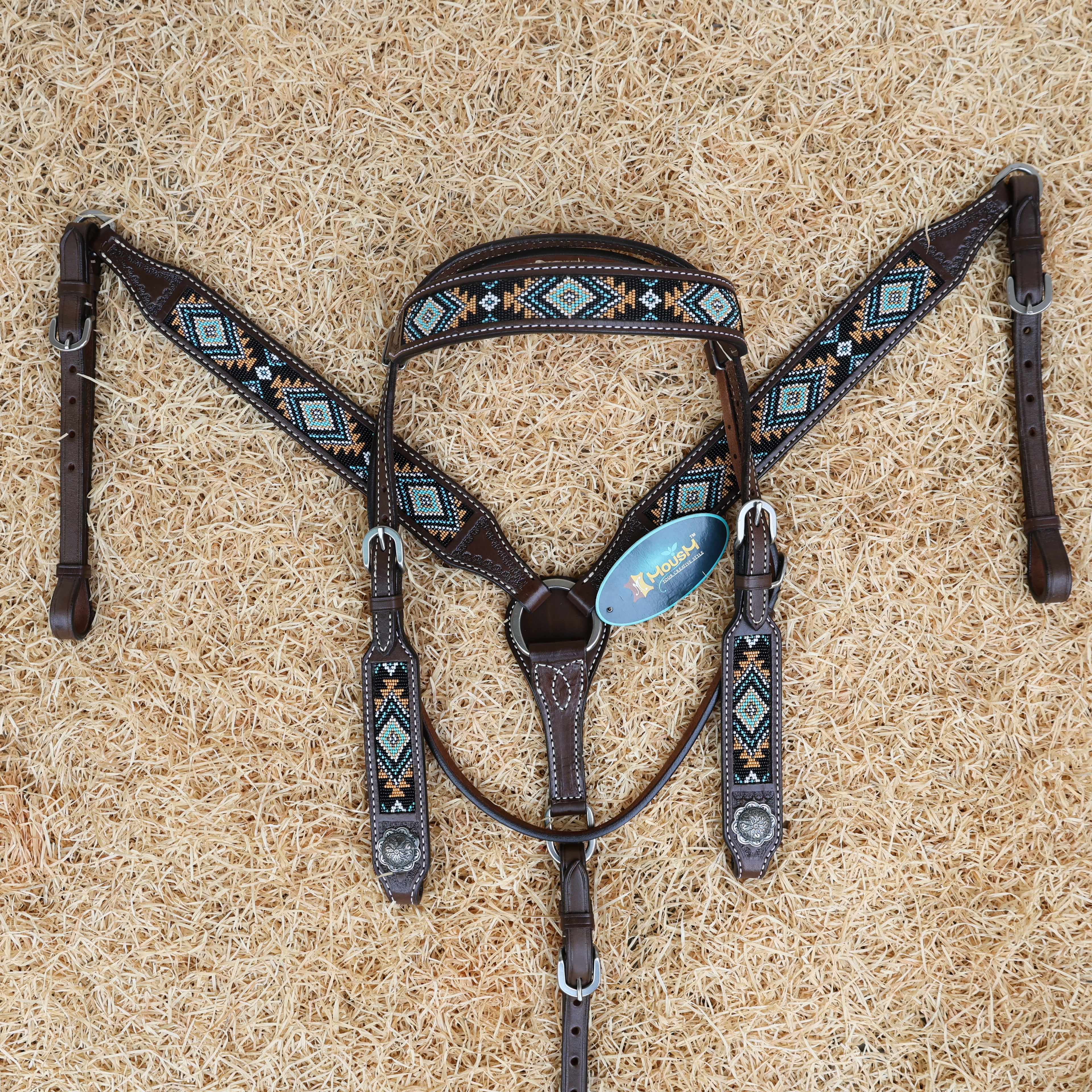 MOUSM Western Browband Headstall &amp; Breast Collar Set – Argentina Cow Leather with Hand-Beaded Inlay &amp; Antique Silver Conchos
