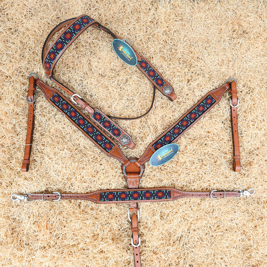 MOUSM Argentina Cow Leather Western Headstall &amp; Breast Collar Set – Browband Headstall Decorated with Geometric Red &amp; Teal Beaded Inlay on Tan Leather