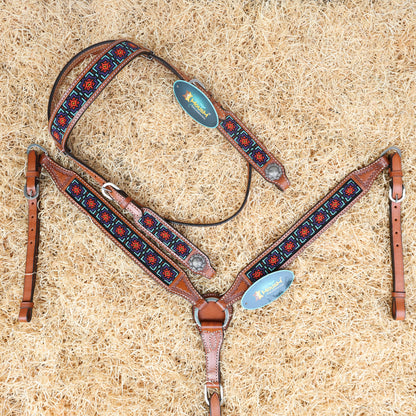 MOUSM Argentina Cow Leather Western Headstall &amp; Breast Collar Set – Browband Headstall Decorated with Geometric Red &amp; Teal Beaded Inlay on Tan Leather