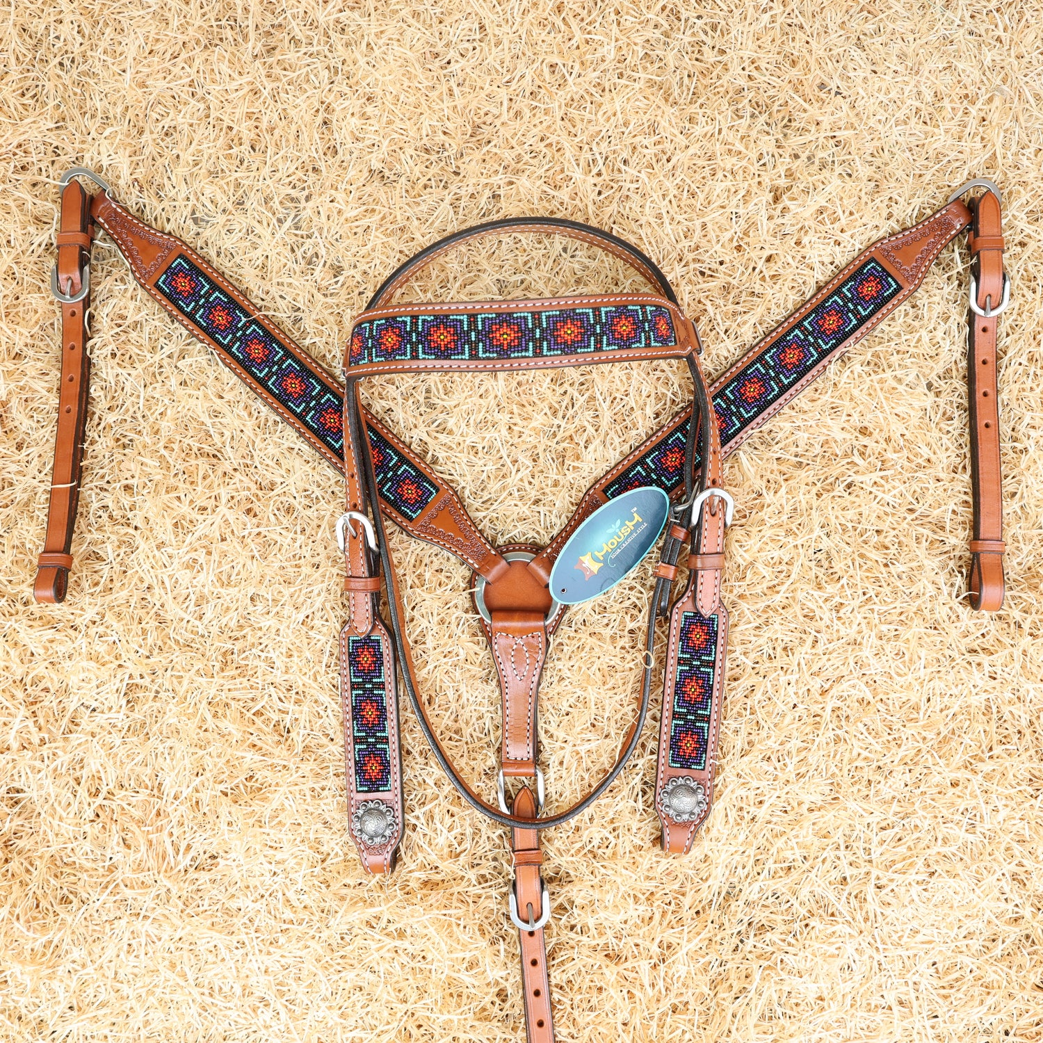 MOUSM Argentina Cow Leather Western Headstall &amp; Breast Collar Set – Browband Headstall Decorated with Geometric Red &amp; Teal Beaded Inlay on Tan Leather