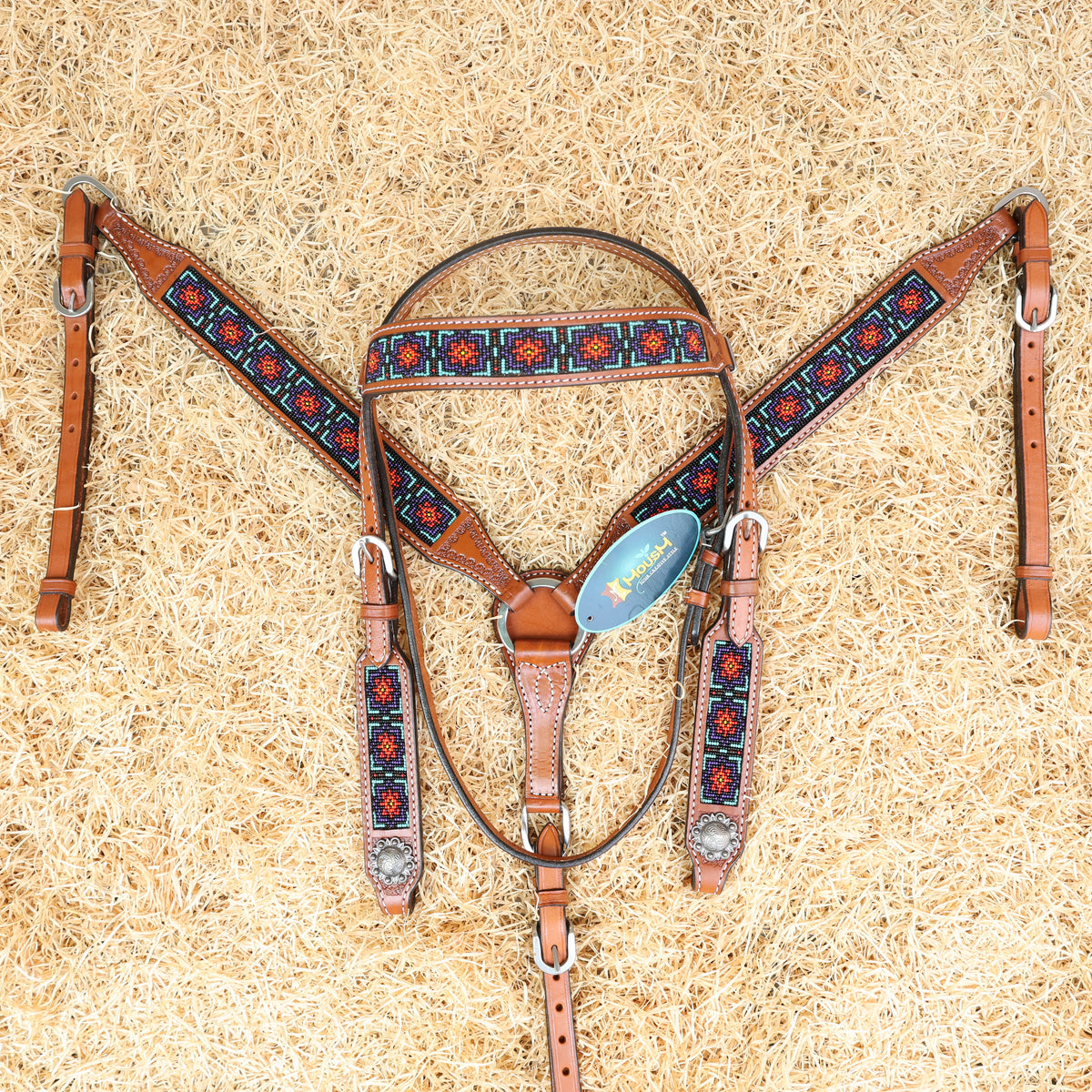 Geometric Red and Teal Beaded Inlay Browband Headstall Set