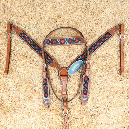MOUSM Argentina Cow Leather Western Headstall &amp; Breast Collar Set – Browband Headstall Decorated with Geometric Red &amp; Teal Beaded Inlay on Tan Leather