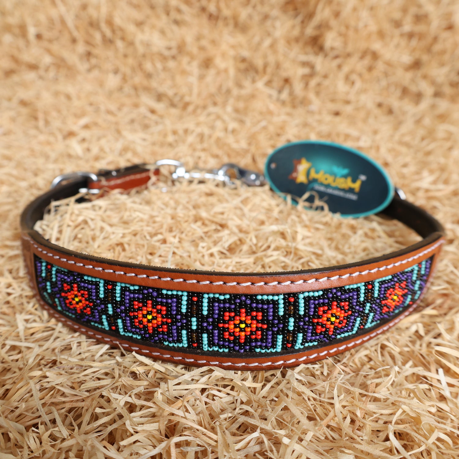 MOUSM Argentina Cow Leather Western Headstall &amp; Breast Collar Set – Browband Headstall Decorated with Geometric Red &amp; Teal Beaded Inlay on Tan Leather