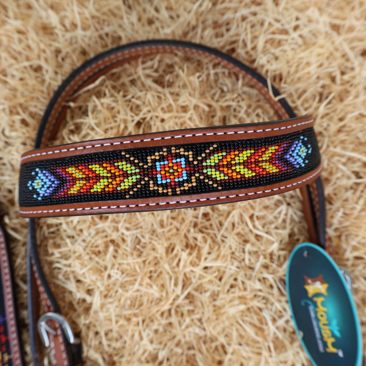 MOUSM Argentina Cow Leather Western Browband Headstall &amp; Breast Collar Set – Hand-Beaded Inlay with Vibrant Geometric Pattern on Black