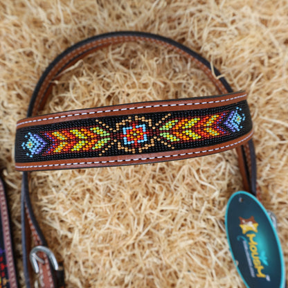 MOUSM Argentina Cow Leather Western Browband Headstall &amp; Breast Collar Set – Hand-Beaded Inlay with Vibrant Geometric Pattern on Black