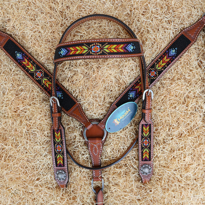 MOUSM Argentina Cow Leather Western Browband Headstall &amp; Breast Collar Set – Hand-Beaded Inlay with Vibrant Geometric Pattern on Black