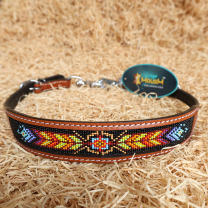 MOUSM Argentina Cow Leather Western Browband Headstall &amp; Breast Collar Set – Hand-Beaded Inlay with Vibrant Geometric Pattern on Black