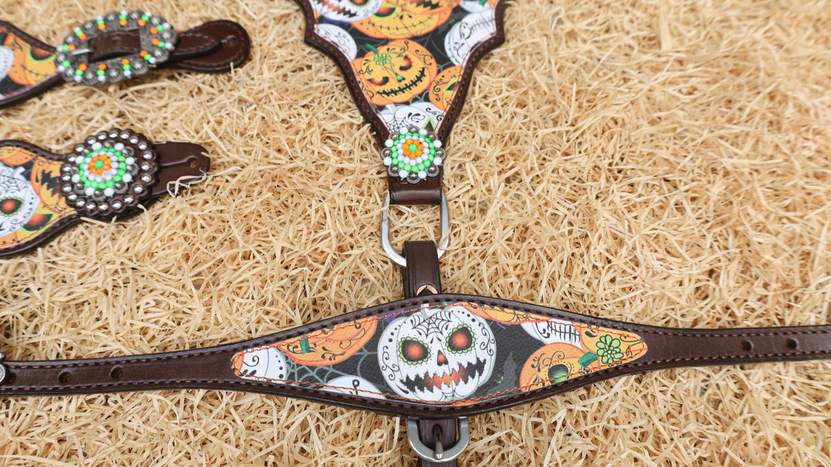 Black, White, Orange Halloween Pumpkin Print Headstall Tack Set