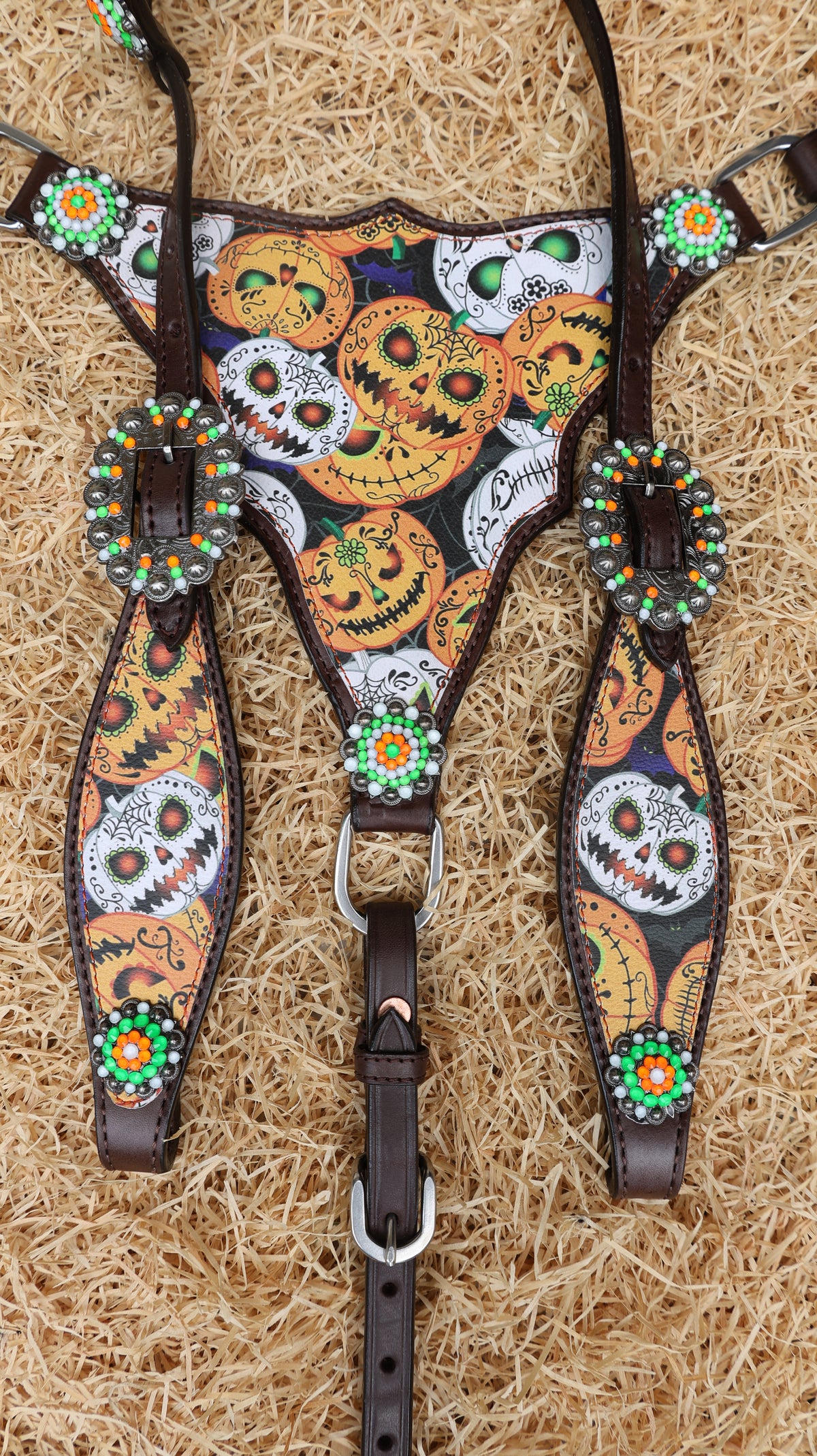 Black, White, Orange Halloween Pumpkin Print Headstall Tack Set