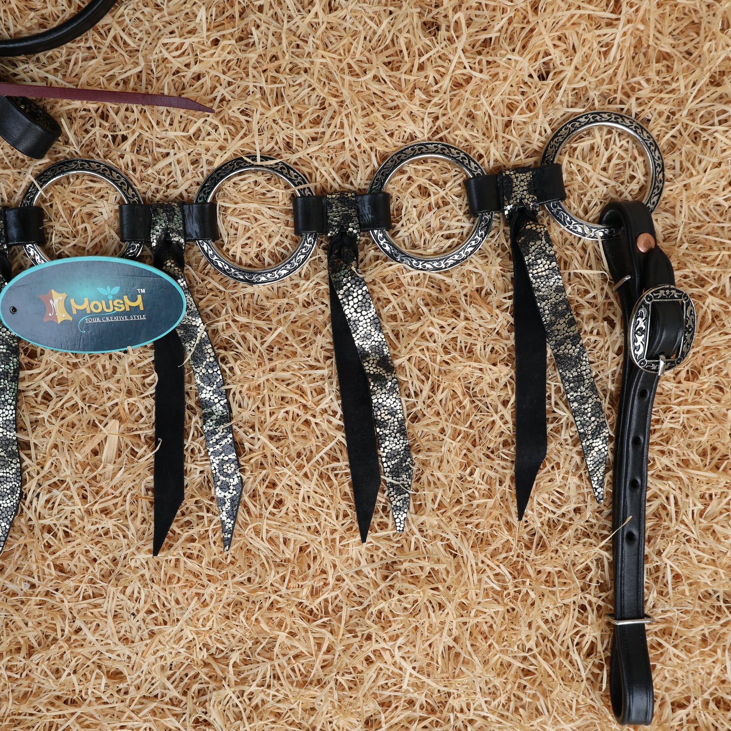 MOUSM Western Headstall and Breast Collar Set – Decorated with Engraved Antique Nickel Rings, Metallic Leopard Leather Fringe on Black Leather Braided Browband and Cheekpiece