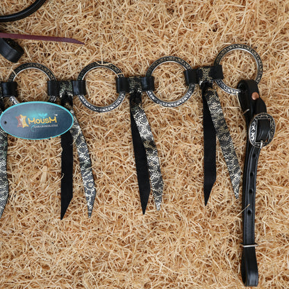 MOUSM Western Headstall and Breast Collar Set – Decorated with Engraved Antique Nickel Rings, Metallic Leopard Leather Fringe on Black Leather Braided Browband and Cheekpiece