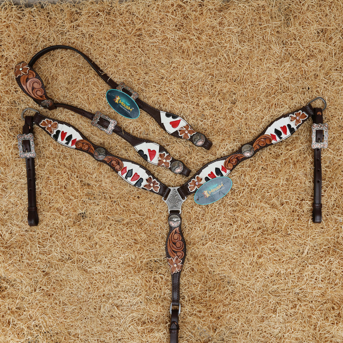 MOUSM Western Headstall and Breast Collar Set – Decorated with Flower Carving and Hand-Painted Gambler Cards