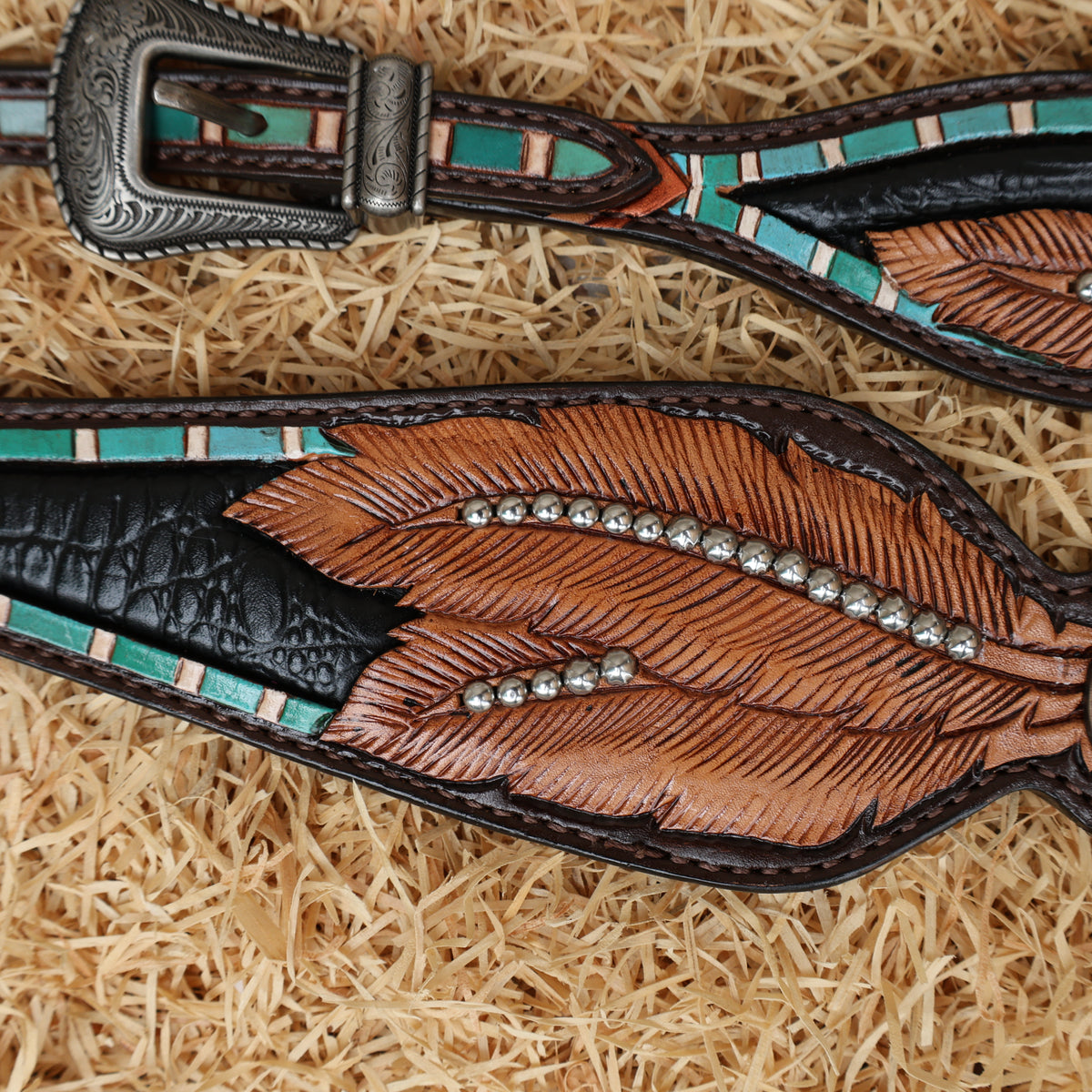 Black Alligator Inlay with Feather Carving Headstall Set
