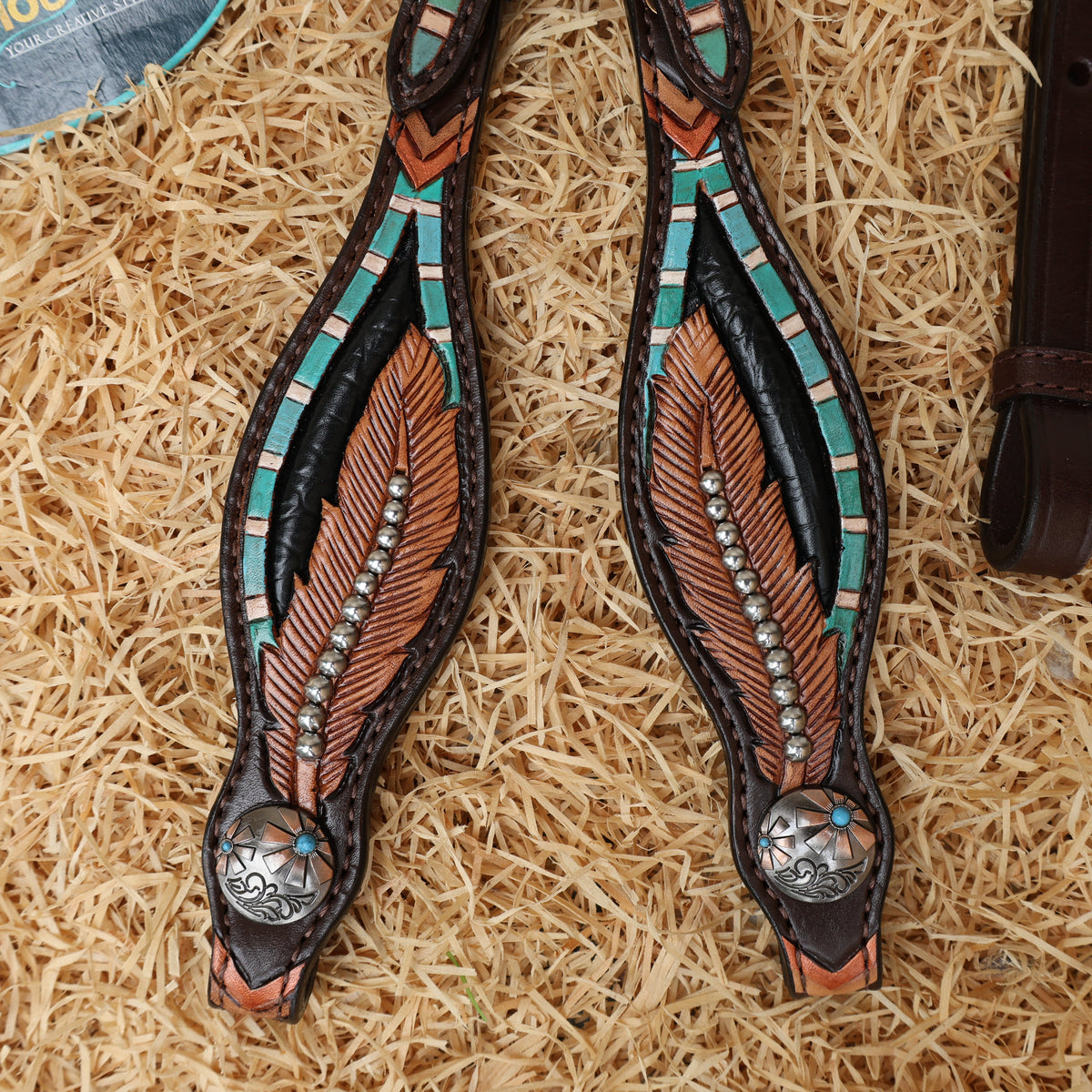 Black Alligator Inlay with Feather Carving Headstall Set
