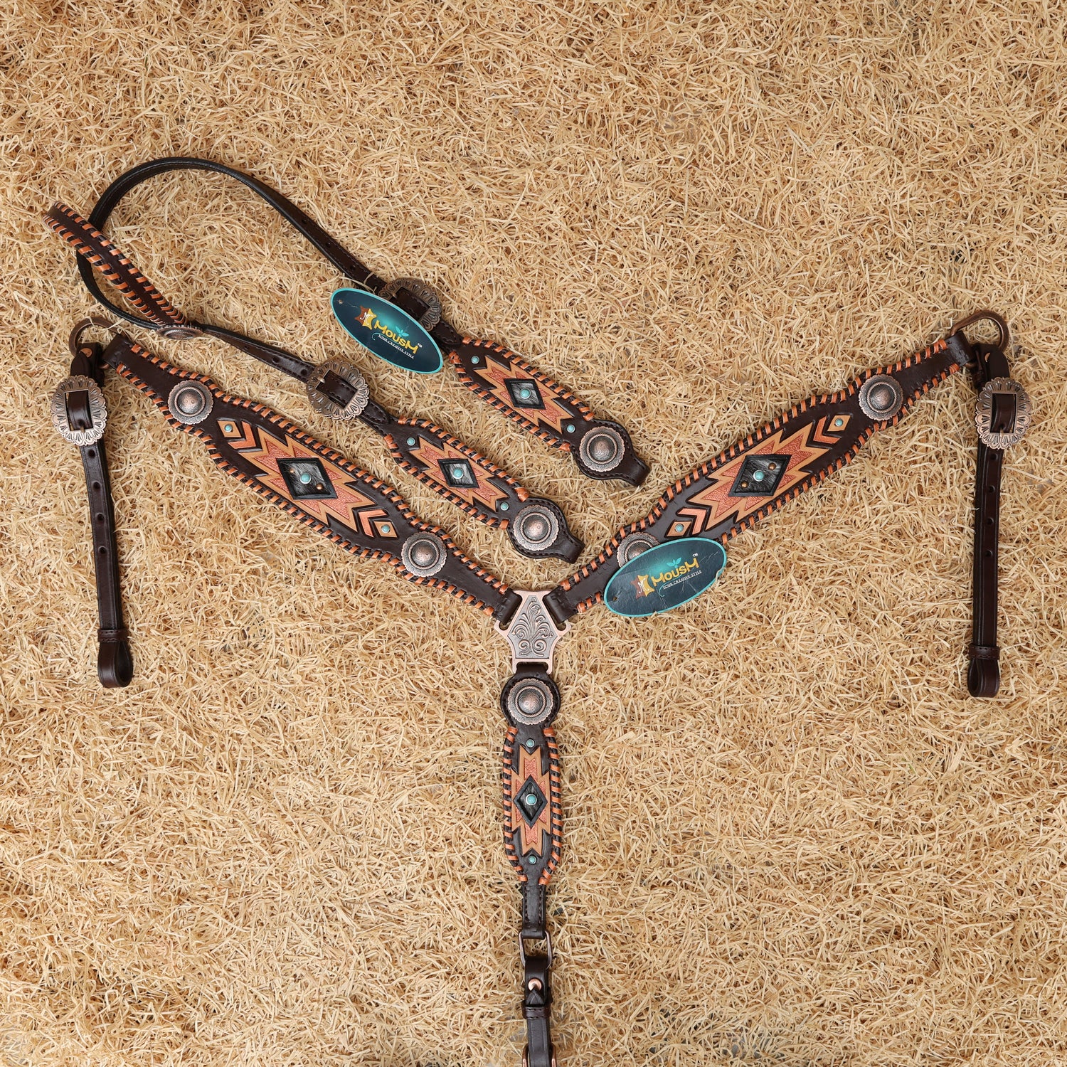 MOUSM Western Headstall and Breast Collar Set for Horse - Decorated with Southwest Hand Carving, Buck Stitching &amp; Surrounded with Nickel Hardware