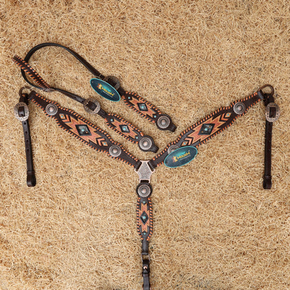 MOUSM Western Headstall and Breast Collar Set for Horse - Decorated with Southwest Hand Carving, Buck Stitching &amp; Surrounded with Nickel Hardware