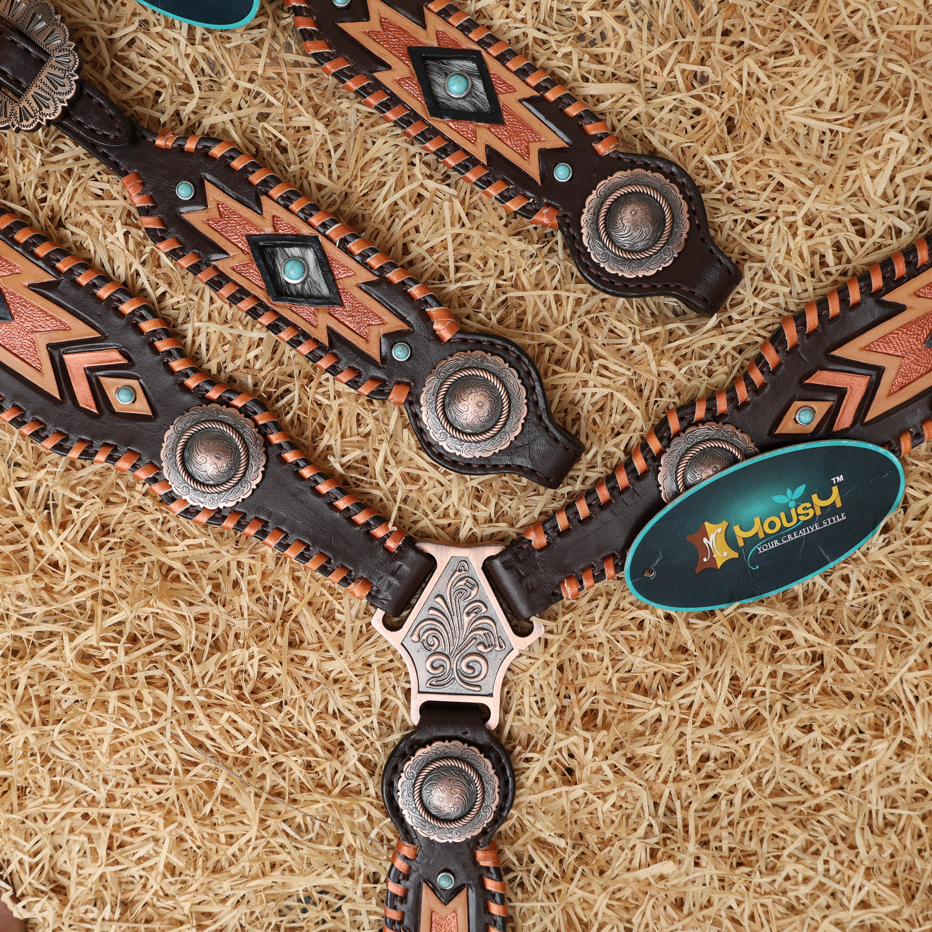 MOUSM Western Headstall and Breast Collar Set for Horse - Decorated with Southwest Hand Carving, Buck Stitching &amp; Surrounded with Nickel Hardware