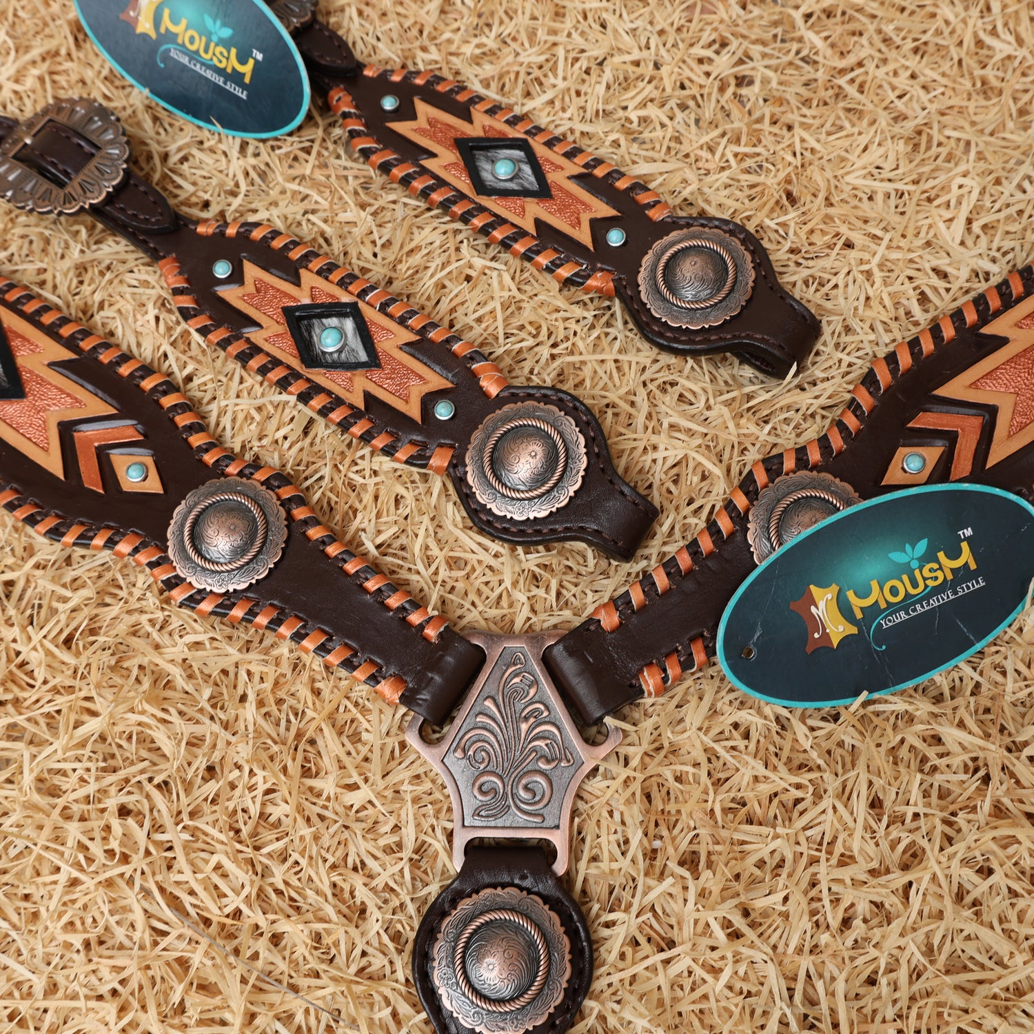 MOUSM Western Headstall and Breast Collar Set for Horse - Decorated with Southwest Hand Carving, Buck Stitching &amp; Surrounded with Nickel Hardware