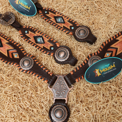MOUSM Western Headstall and Breast Collar Set for Horse - Decorated with Southwest Hand Carving, Buck Stitching &amp; Surrounded with Nickel Hardware