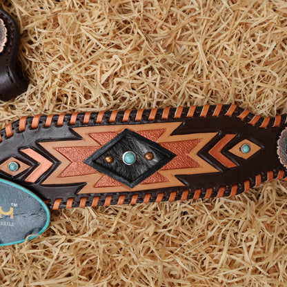 MOUSM Western Headstall and Breast Collar Set for Horse - Decorated with Southwest Hand Carving, Buck Stitching &amp; Surrounded with Nickel Hardware