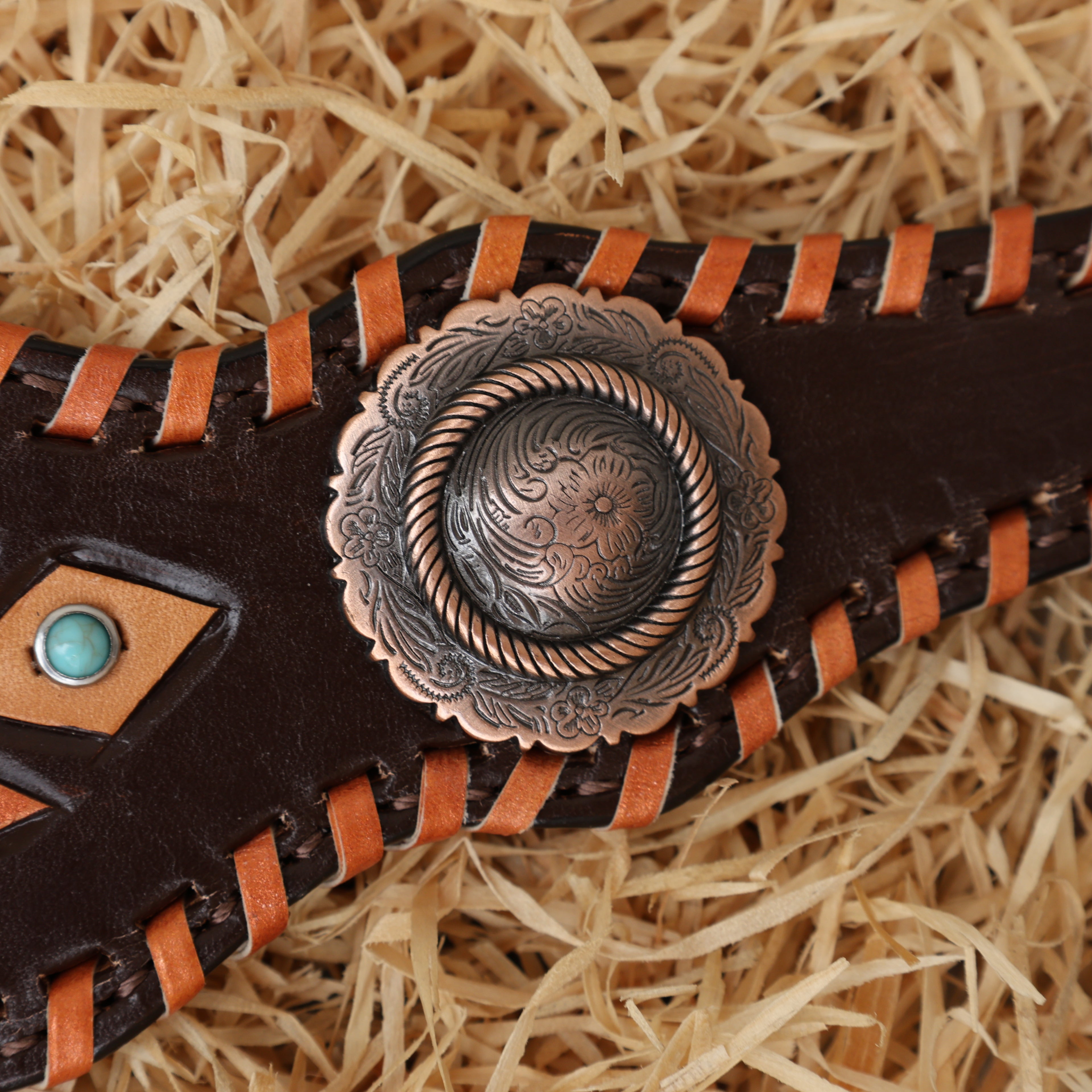 MOUSM Western Headstall and Breast Collar Set for Horse - Decorated with Southwest Hand Carving, Buck Stitching &amp; Surrounded with Nickel Hardware