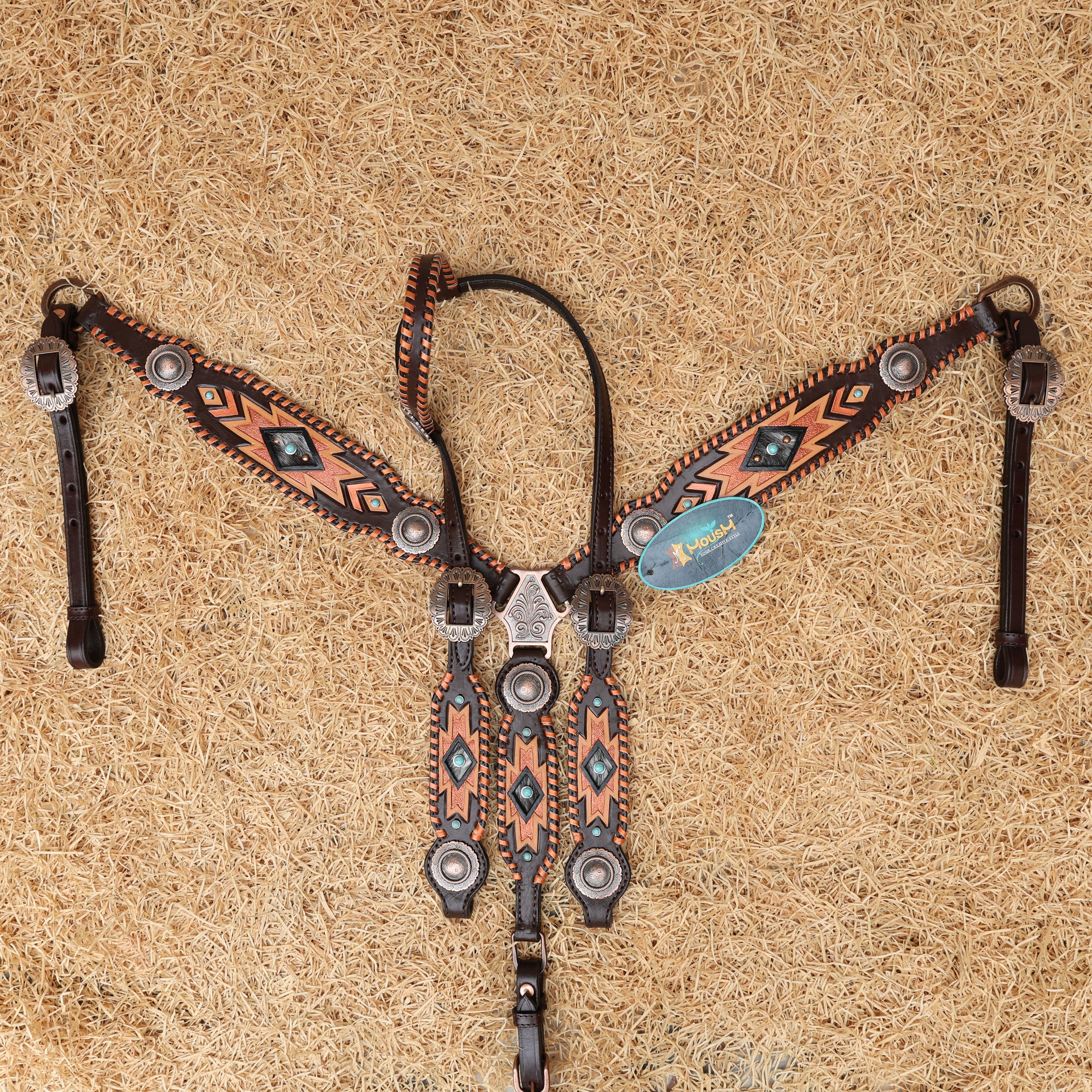 MOUSM Western Headstall and Breast Collar Set for Horse - Decorated with Southwest Hand Carving, Buck Stitching &amp; Surrounded with Nickel Hardware