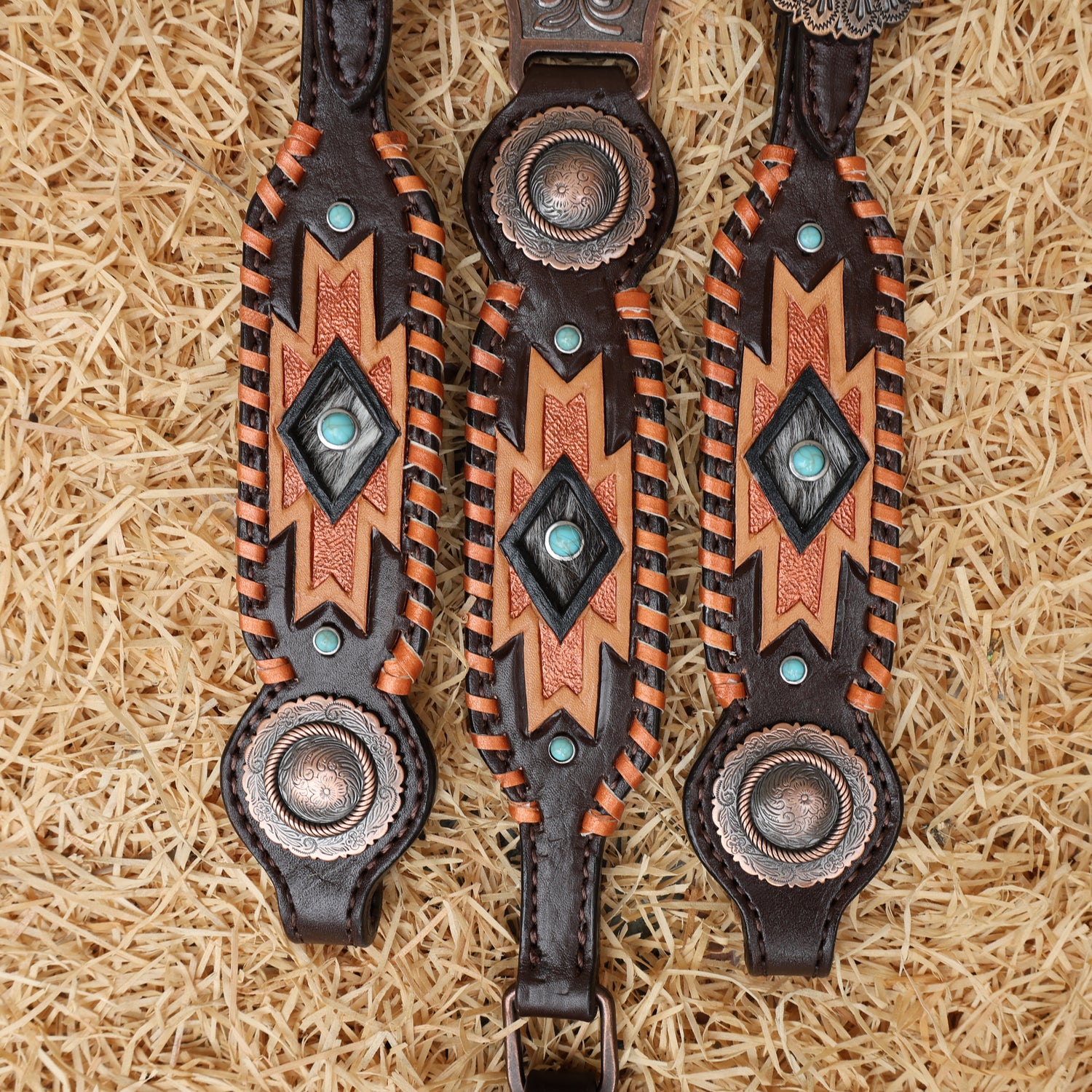 MOUSM Western Headstall and Breast Collar Set for Horse - Decorated with Southwest Hand Carving, Buck Stitching &amp; Surrounded with Nickel Hardware