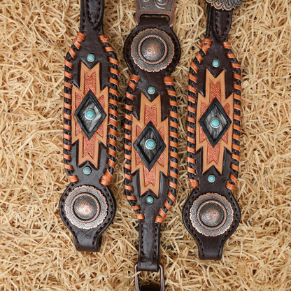 MOUSM Western Headstall and Breast Collar Set for Horse - Decorated with Southwest Hand Carving, Buck Stitching &amp; Surrounded with Nickel Hardware