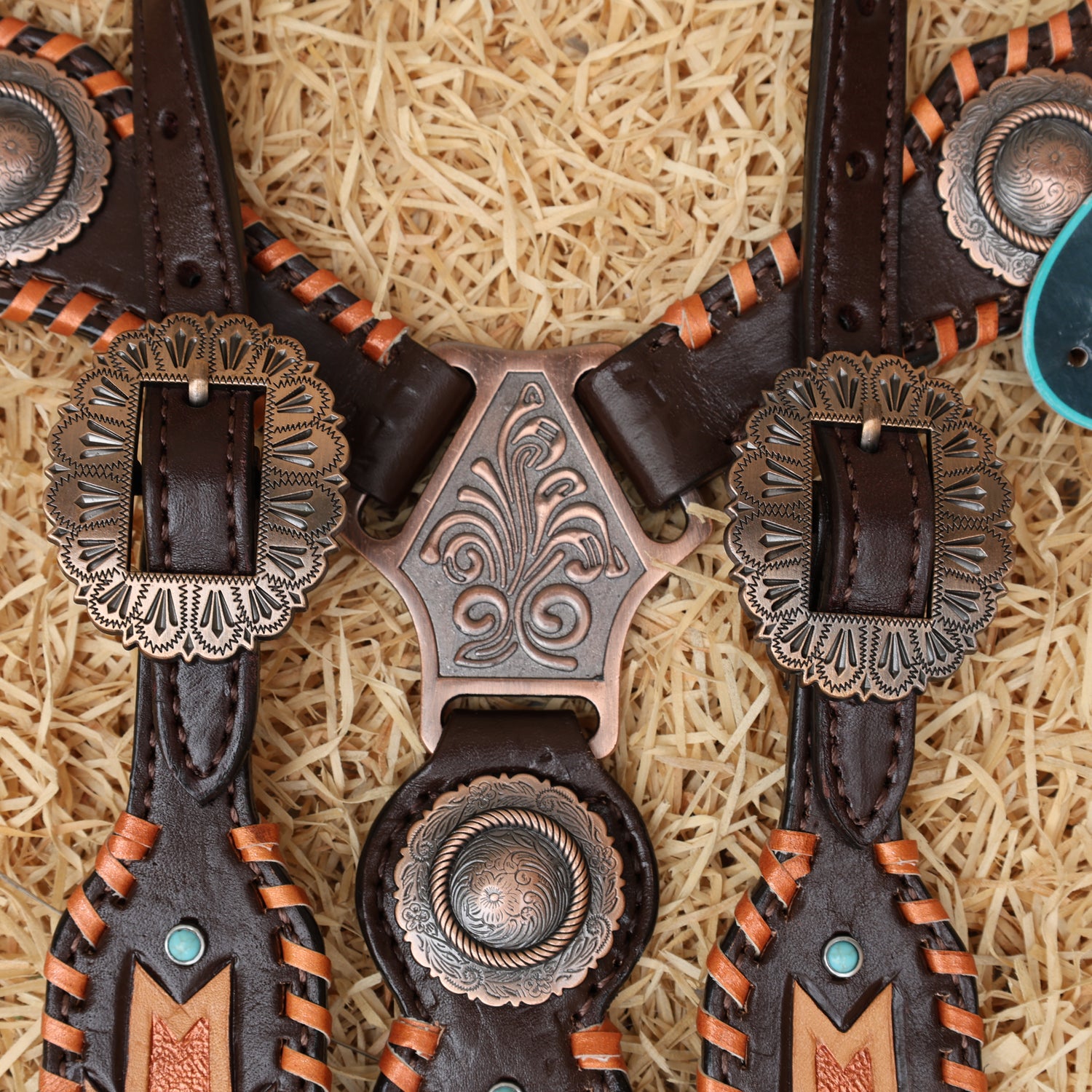 MOUSM Western Headstall and Breast Collar Set for Horse - Decorated with Southwest Hand Carving, Buck Stitching &amp; Surrounded with Nickel Hardware