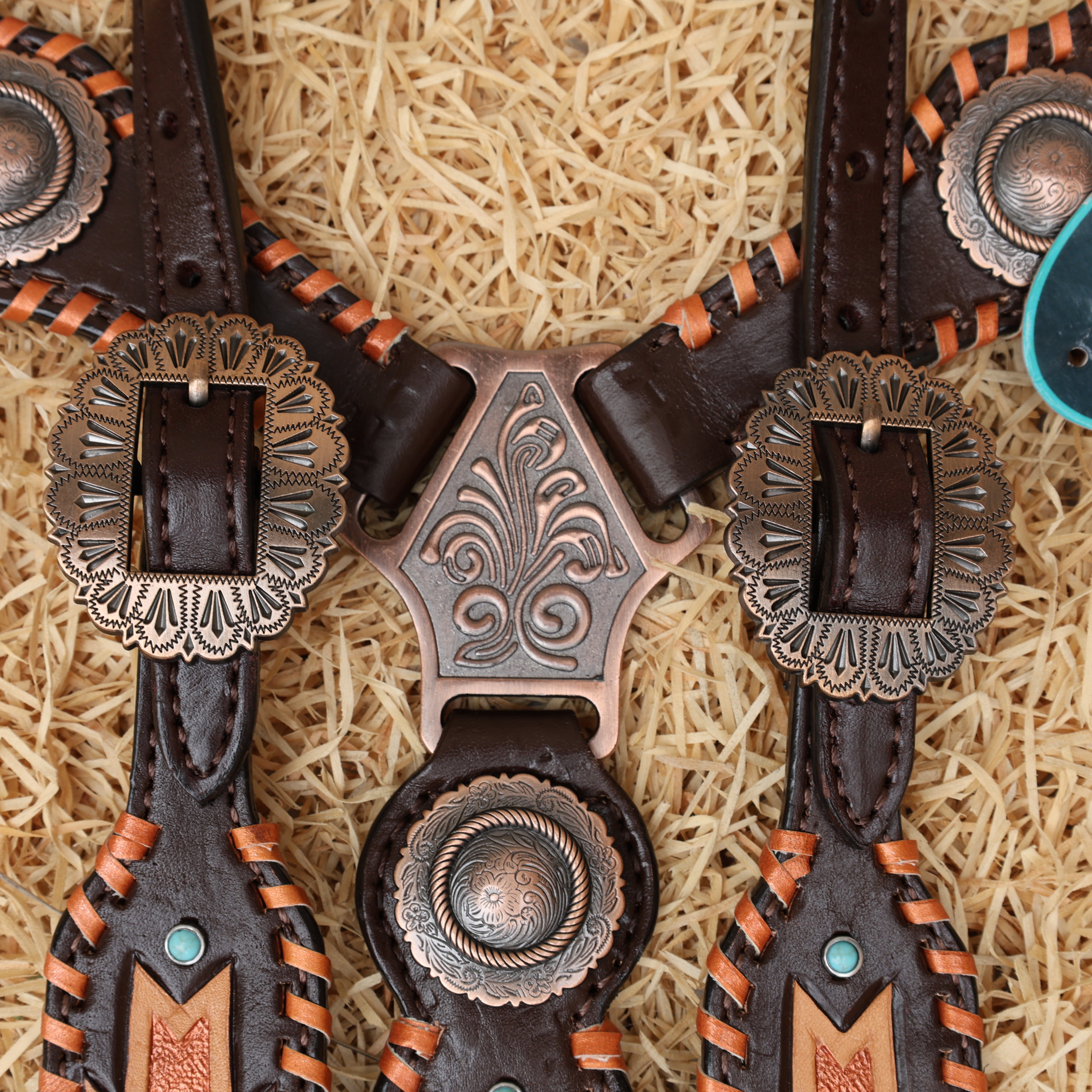 MOUSM Western Headstall and Breast Collar Set for Horse - Decorated with Southwest Hand Carving, Buck Stitching &amp; Surrounded with Nickel Hardware